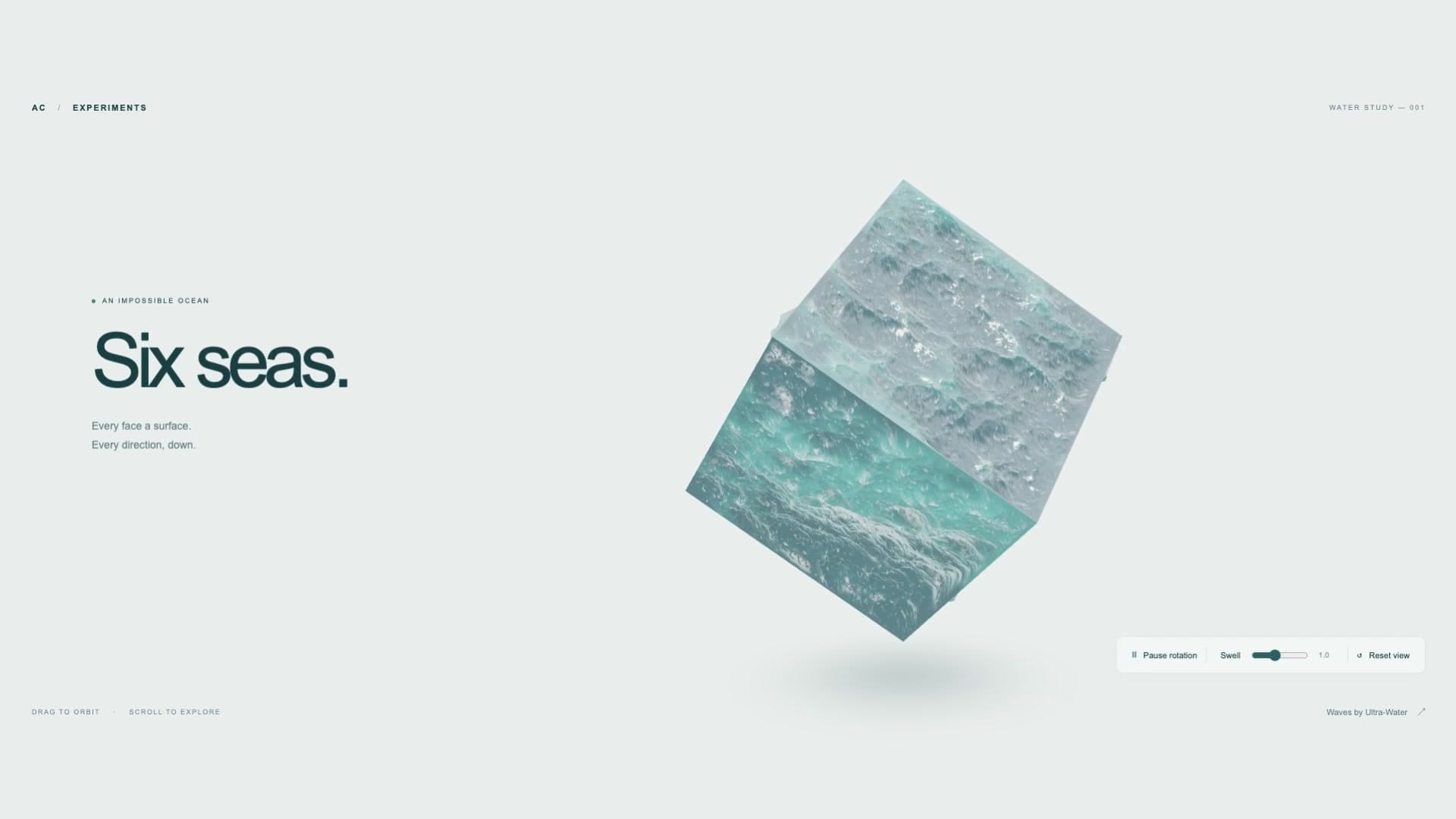 A rotating turquoise water cube balanced on one corner beside the title Six seas